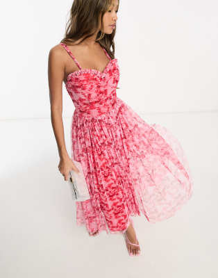 Lace Beads corset tulle midi dress in pink and red floral