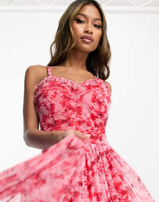 Lace & Beads corset tulle midi dress in pink and red floral | ASOS