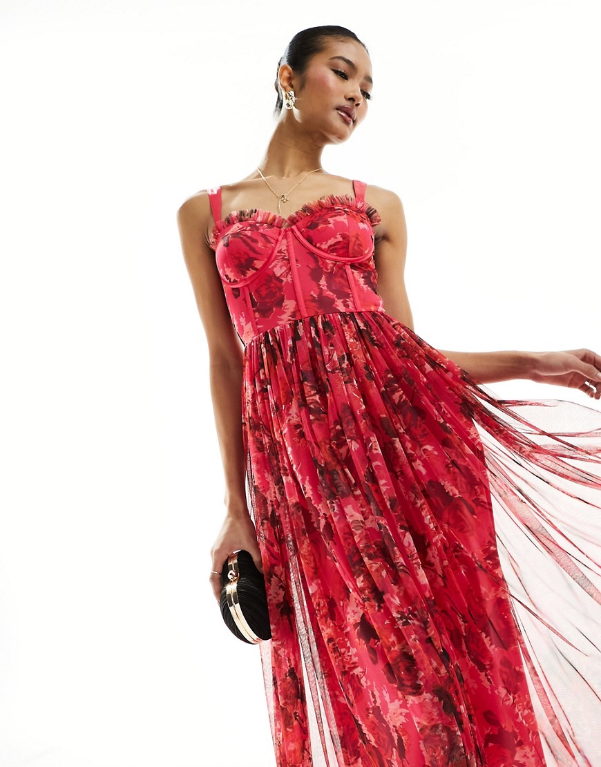 Lace & Beads corset tulle midi dress in pink and red floral