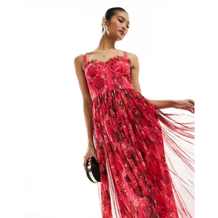 Lace Beads corset tulle midi dress in pink and red floral ASOS