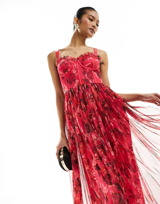 Lace Beads corset tulle midi dress in pink and red floral ASOS