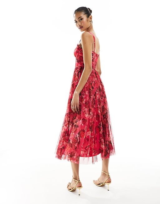 Lace & Beads corset tulle midi dress in pink and red floral Lace & Beads corset tulle midi dress in pink and red floral