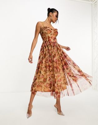 Lace & Beads corset tulle midi dress in rose floral