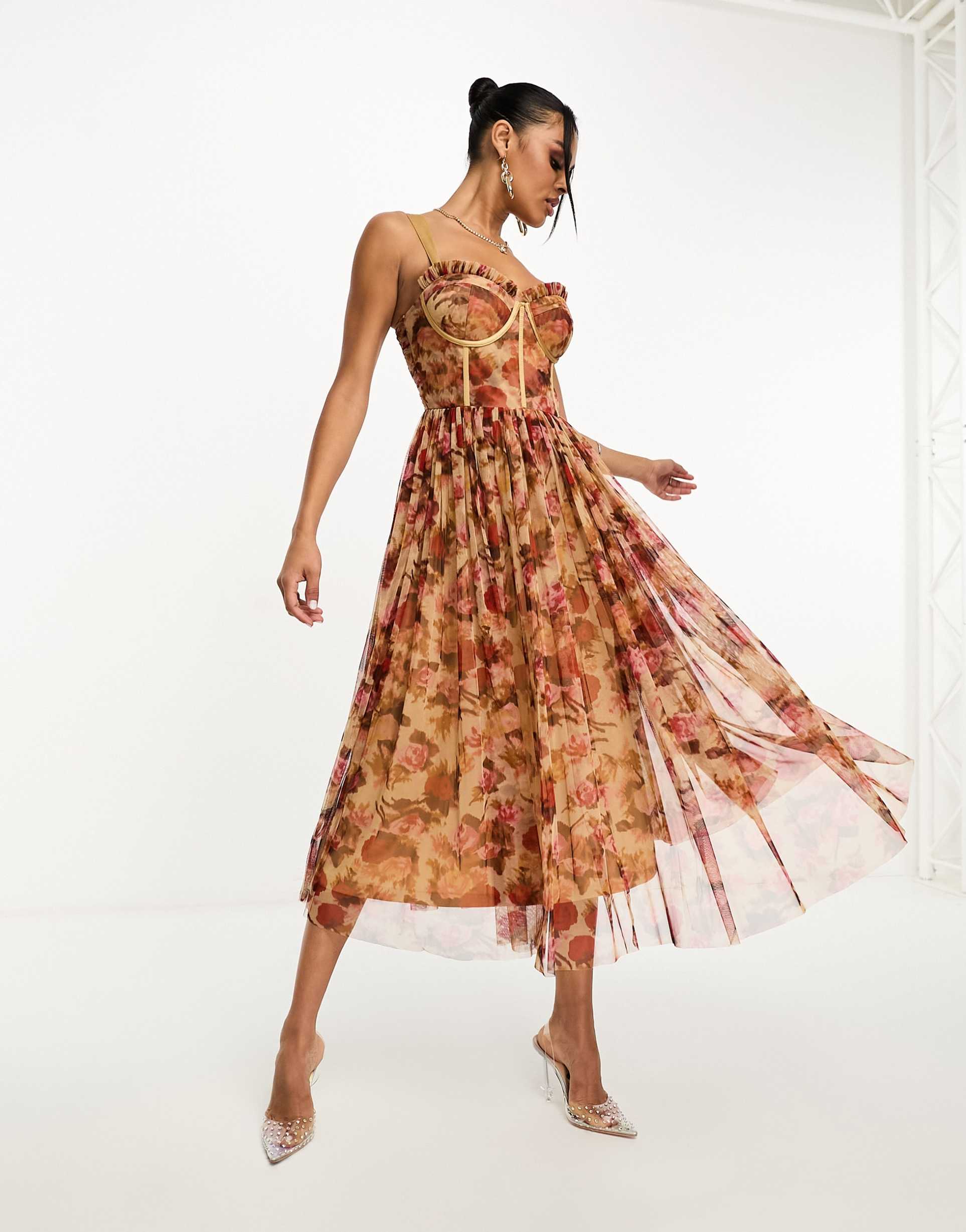 lace & beads corset tulle midi dress in rose floral