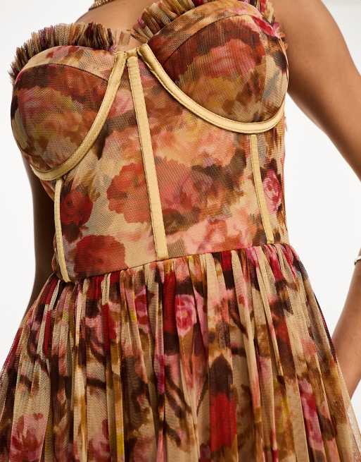 Lace & Beads corset tulle midi dress in rose floral | ASOS