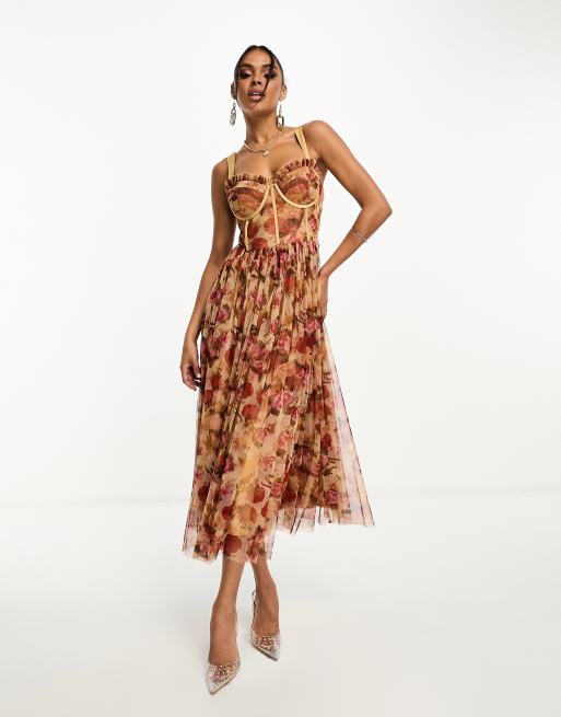 Lace & Beads corset tulle midi dress in rose floral | ASOS