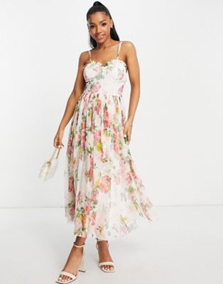 Lace & Beads Corset Tulle Midi Dress In Soft Floral-multi