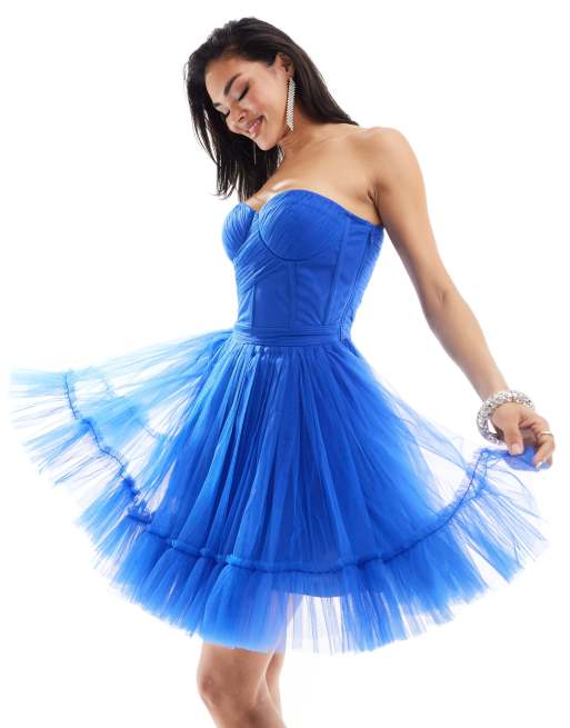 Miss Selfridge satin corset detail bow back mini dress in cobalt blue