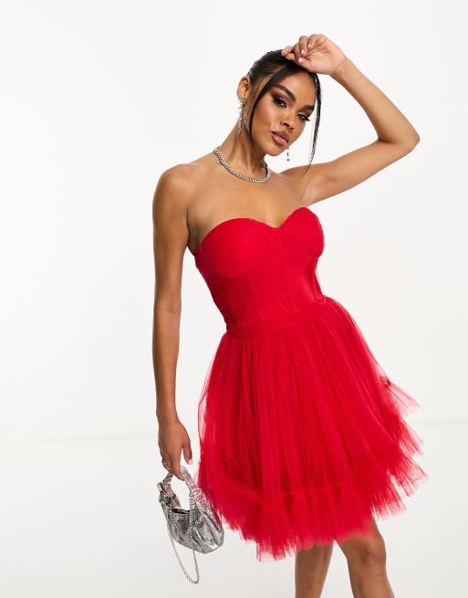 Lace Beads corset tulle overlay mini dress in red