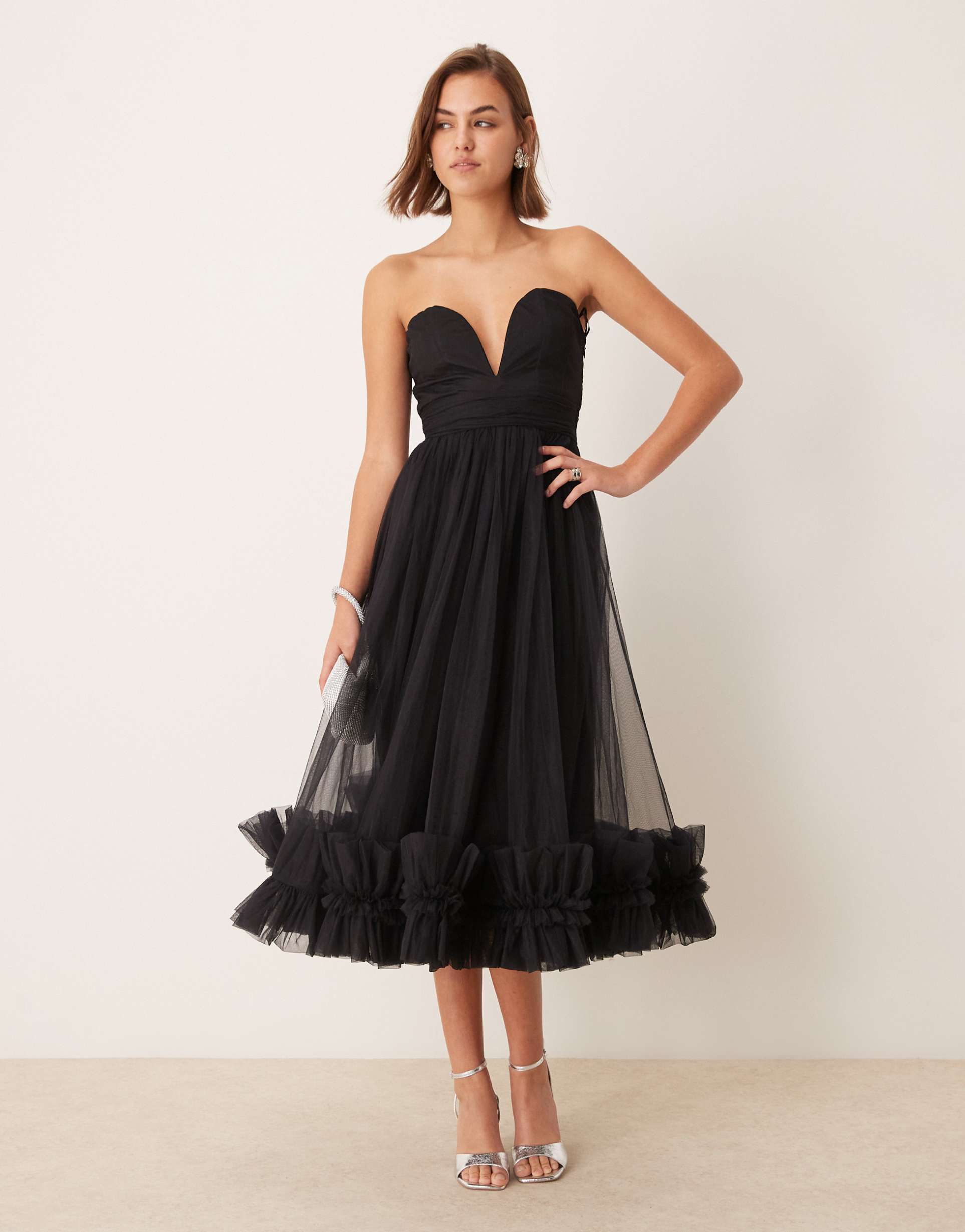 lace & beads corset tulle ruffle hem midaxi dress in black