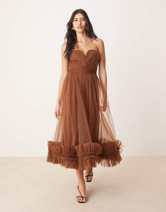 asos lace and beads corset tulle dress & ruffle hem midaxi in brown Navy Blue Silk Satin 2022Spring quality polyester Color:Buttercup