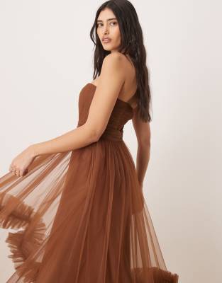 Lace & Beads Corset Tulle Ruffle Hem Midaxi Dress In Brown