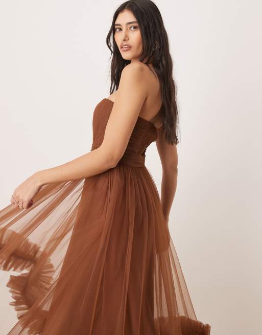 Lace & Beads corset tulle ruffle hem midaxi dress in brown