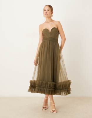 Lace & Beads Corset Tulle Ruffle Hem Midaxi Dress