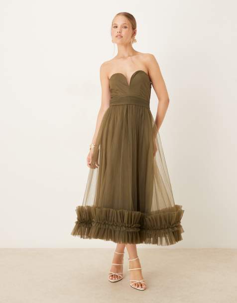Lace & Beads corset tulle ruffle hem midaxi dress in deep olive - view 1