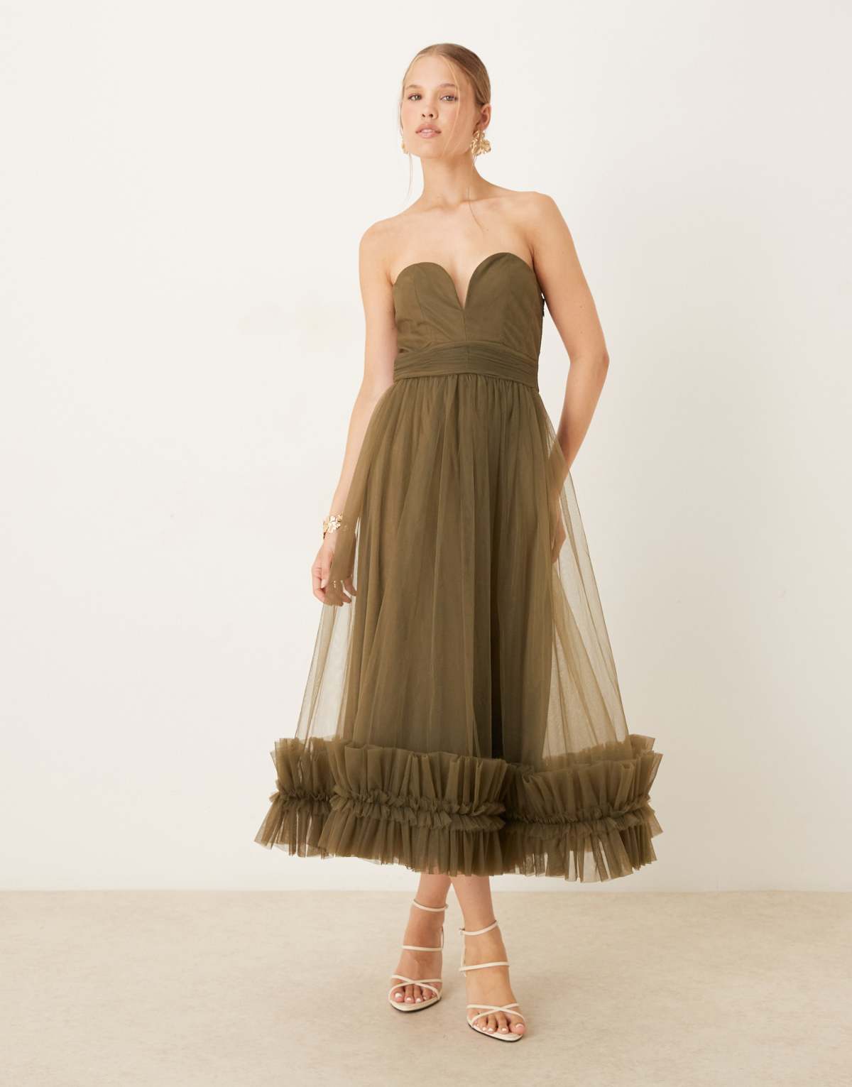 Lace & Beads corset tulle ruffle hem midaxi dress in deep olive