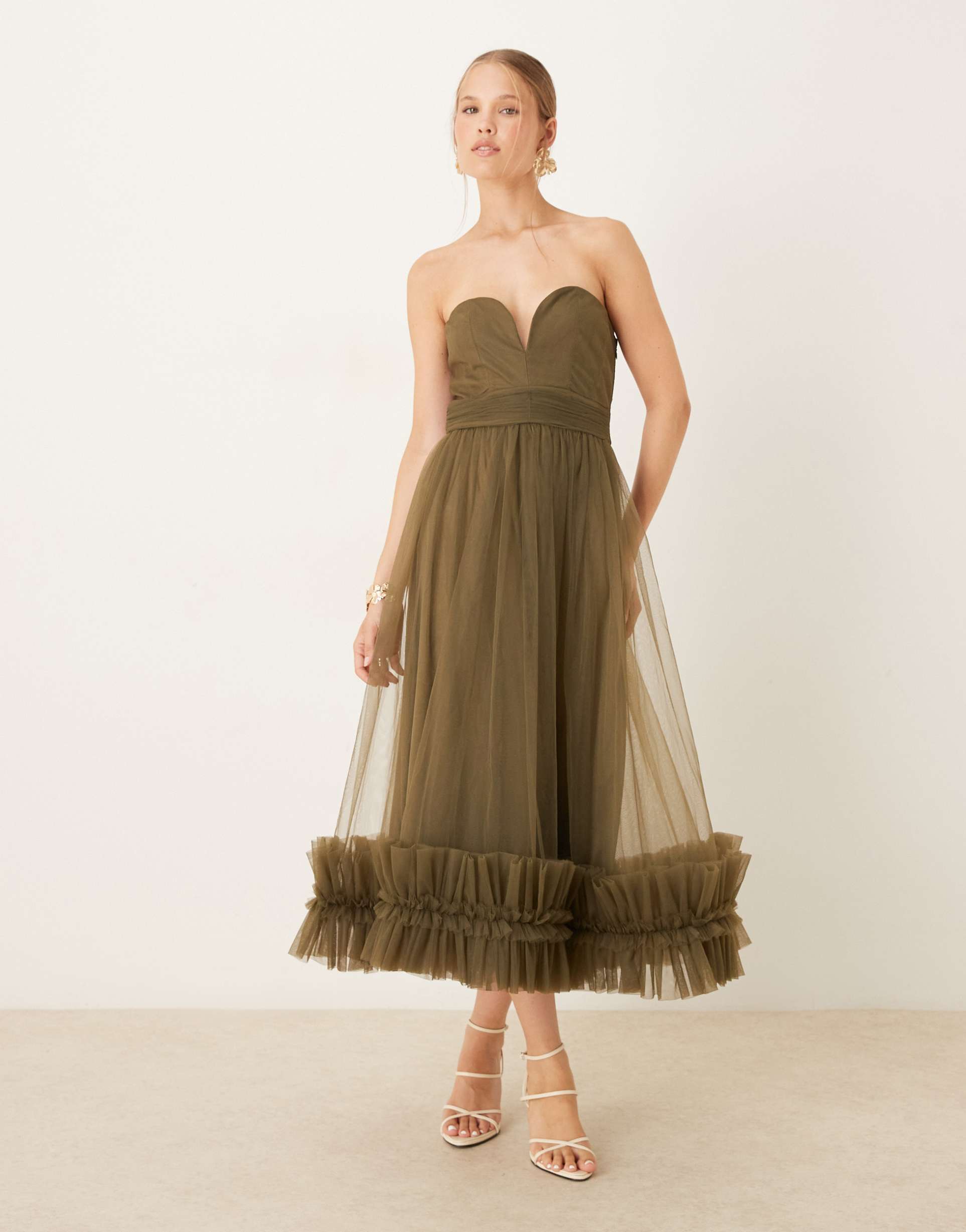 lace & beads corset tulle ruffle hem midaxi dress in deep olive