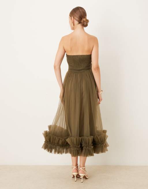 Lace & Beads corset tulle ruffle hem midaxi dress in deep olive
