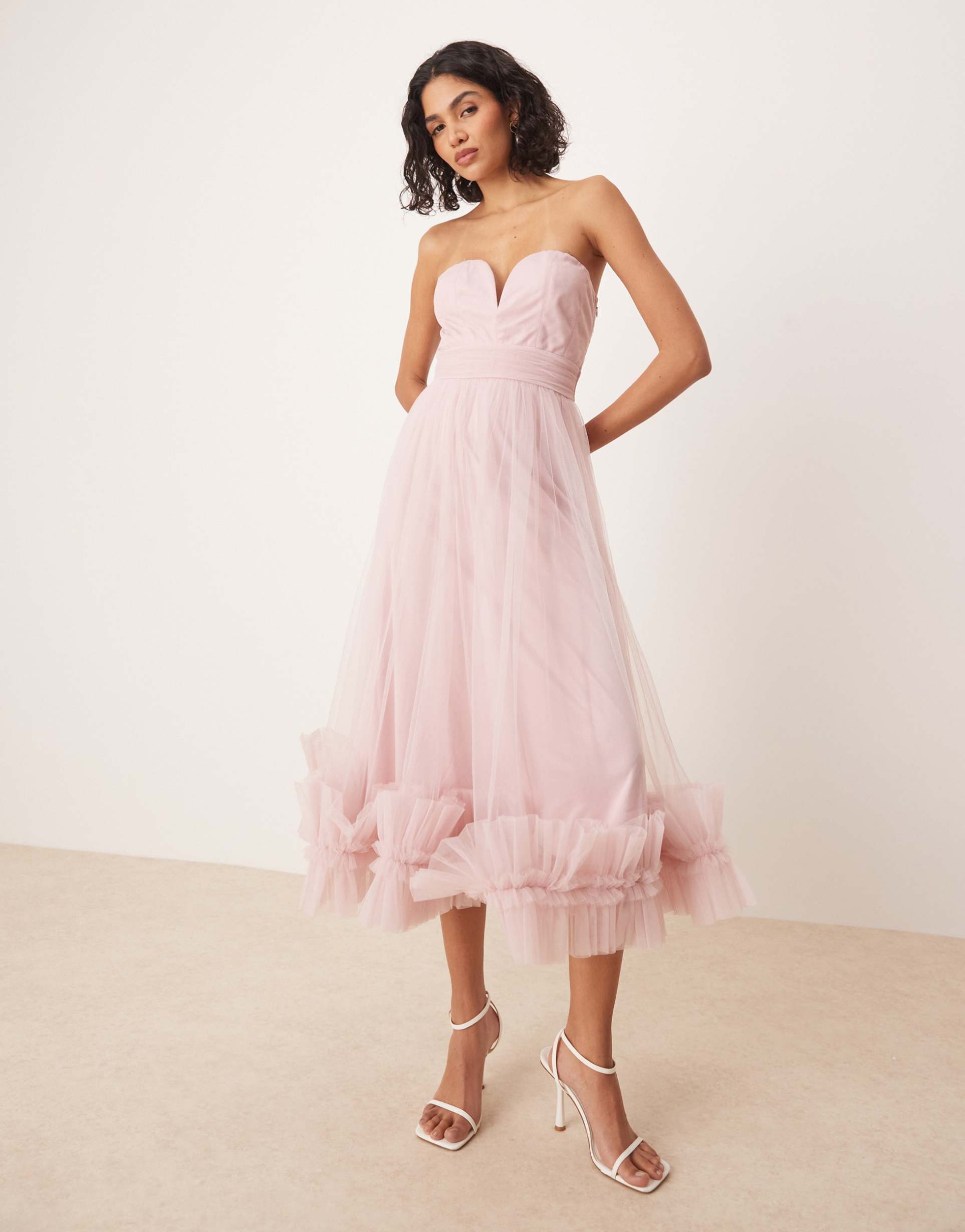 lace & beads corset tulle ruffle hem midaxi dress in powder pink