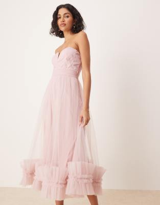 Lace & Beads Corset Tulle Ruffle Hem Midaxi Dress In Pink