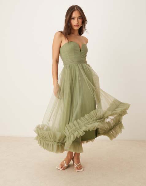 Lace & Beads corset tulle ruffle hem midaxi dress in soft olive - view 1