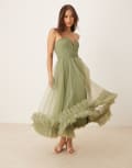 [Lace & Beads] Lace & Beads corset tulle ruffle hem midaxi dress in soft olive-Green 14 Soft Olive