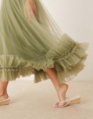 Lace & Beads Corset Tulle Ruffle Hem Midaxi Dress