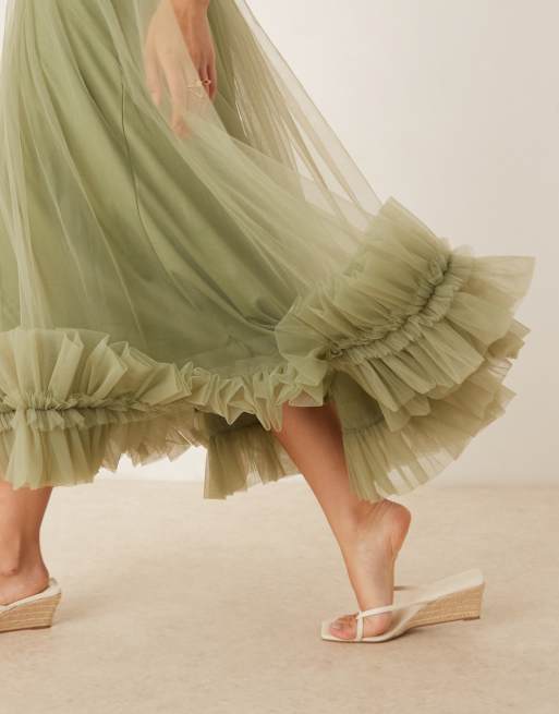 Lace & Beads corset tulle ruffle hem midaxi dress in soft olive