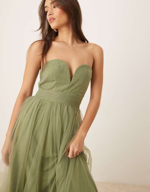 Lace & Beads corset tulle ruffle hem midaxi dress in soft olive