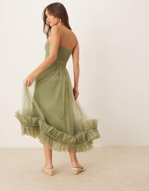 Lace & Beads corset tulle ruffle hem midaxi dress in soft olive