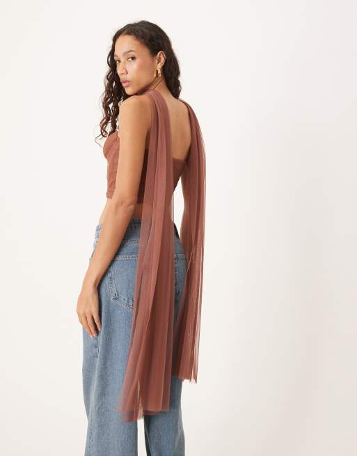 Lace & Beads - Corsetto in tulle color moka con sciarpa al collo, 2 di 4