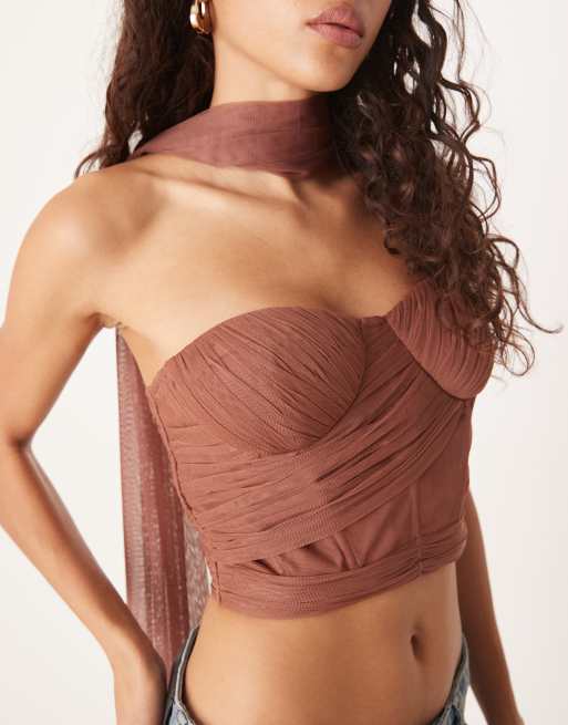 Lace & Beads - Corsetto in tulle color moka con sciarpa al collo, 4 di 4