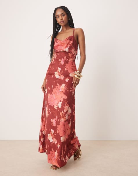 Lace & Beads cowl neck slip maxi dress in red rose floral - view 1