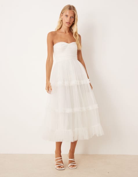 Lace & Beads - Cremehvid midaxi-kjole med bandeau-snit og flæser i tyl - view 1