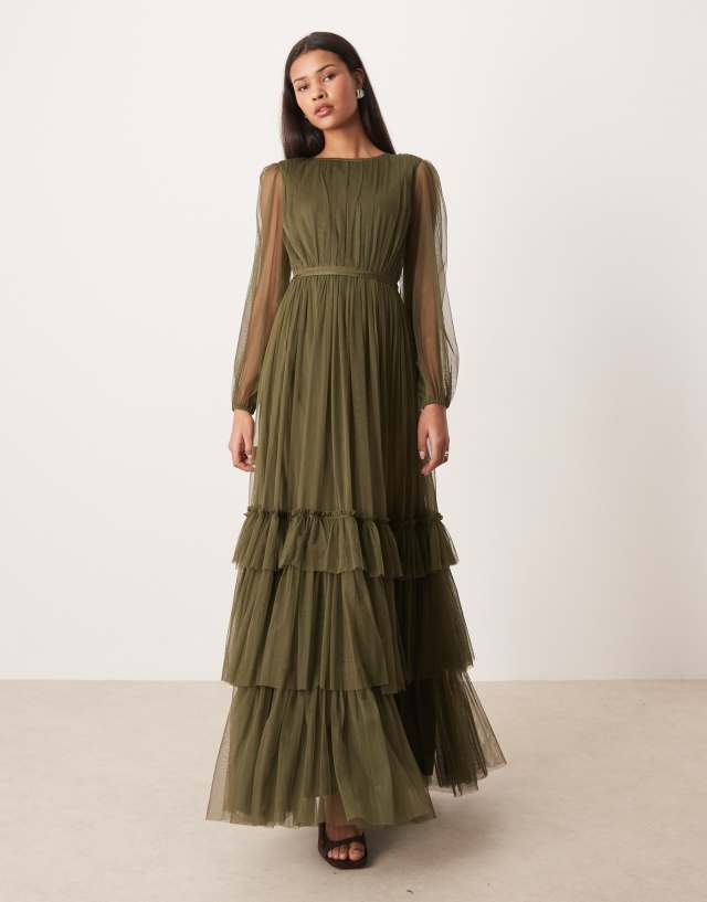 dark green tiered maxi dress Lace & Beads crew neck sheer sleeve in deep olive long formal emerald green dress Gold Dresses | REVOLVE Ecom Style:AD5E212762 100% polyester. Material:Silk