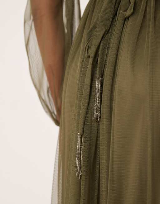 Lace & Beads crew neck sheer sleeve tiered maxi dress in deep olive, 4 of 4