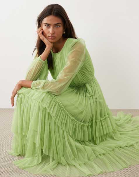 Lace & Beads crew neck tiered midi dress in apple green - view 1
