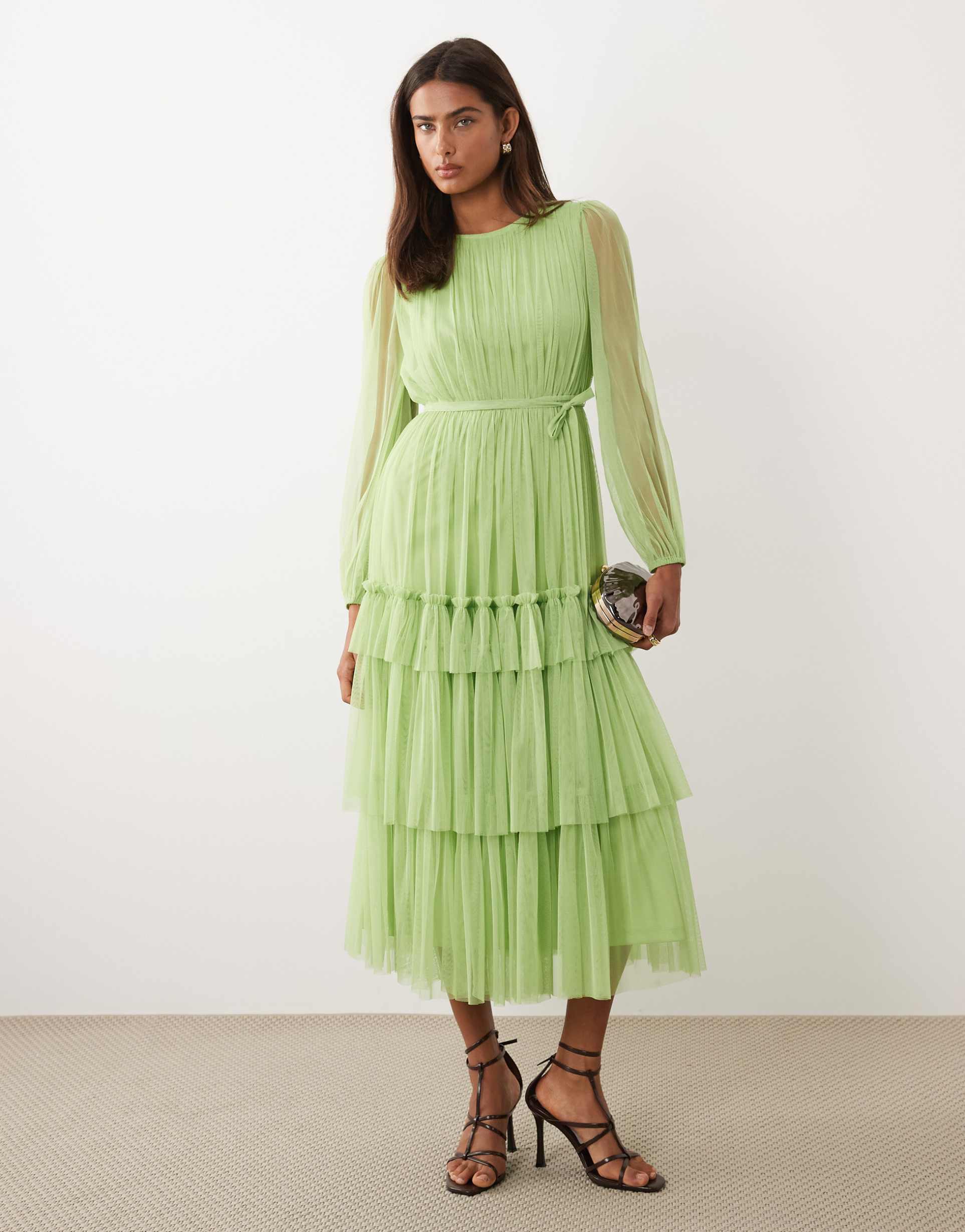 lace & beads crew neck tiered midi dress in apple green