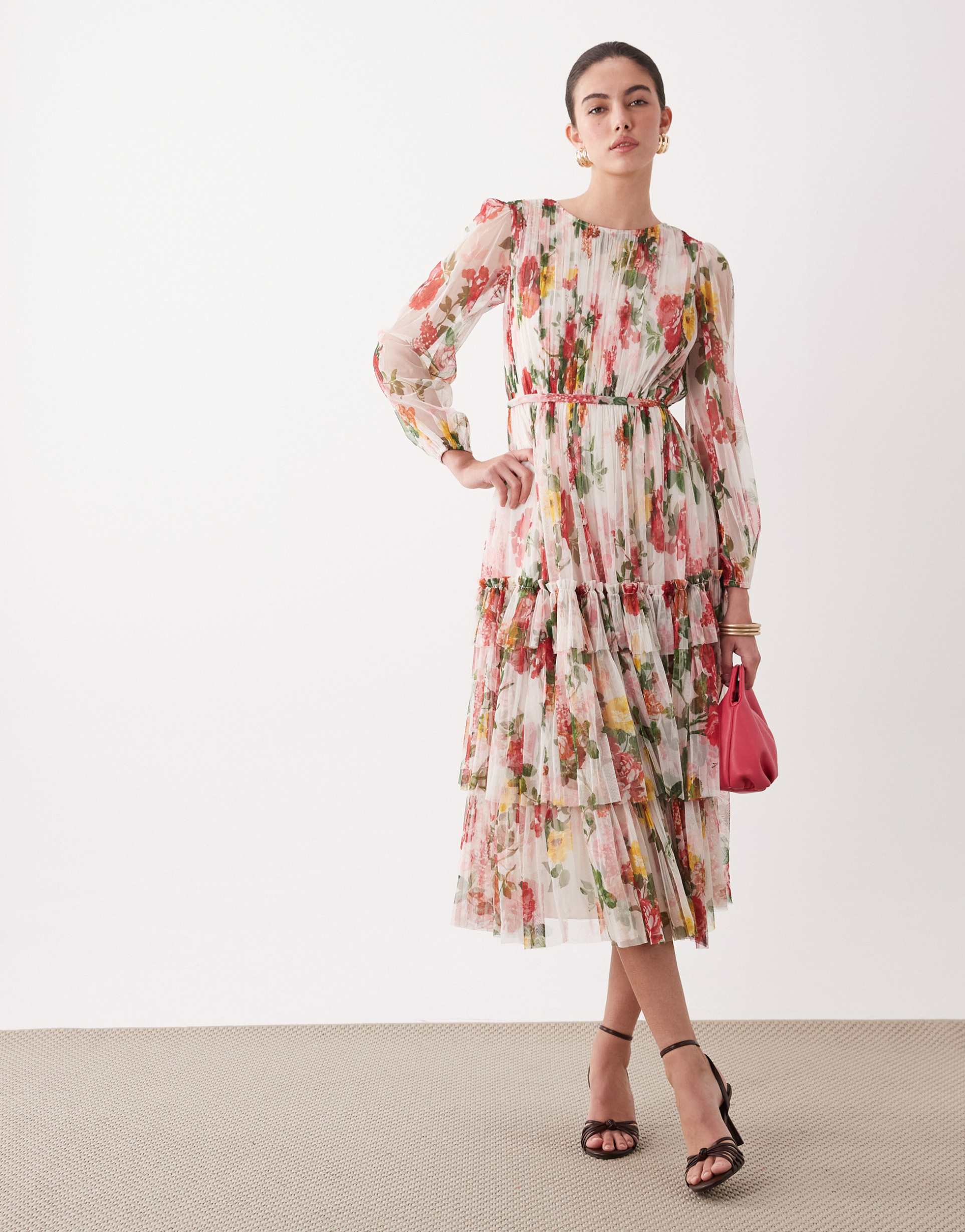 lace & beads crew neck tiered midi dress in rose floral print