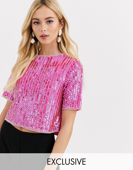 Lace & Beads crop top with embellishment and open back in neon pink