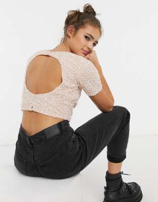 Lace & Beads Cropped Top With Embellishment And Open Back In Blush-pink