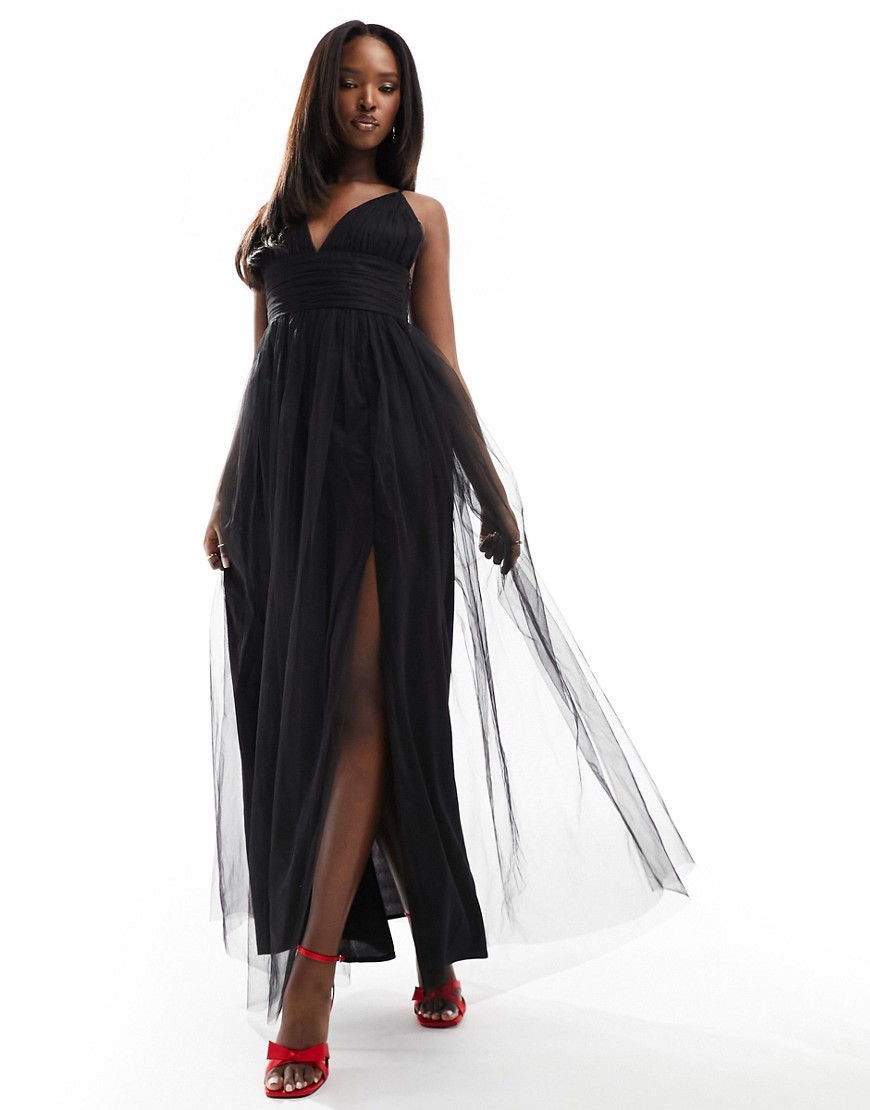 Lace & Beads cross back tulle maxi dress in black