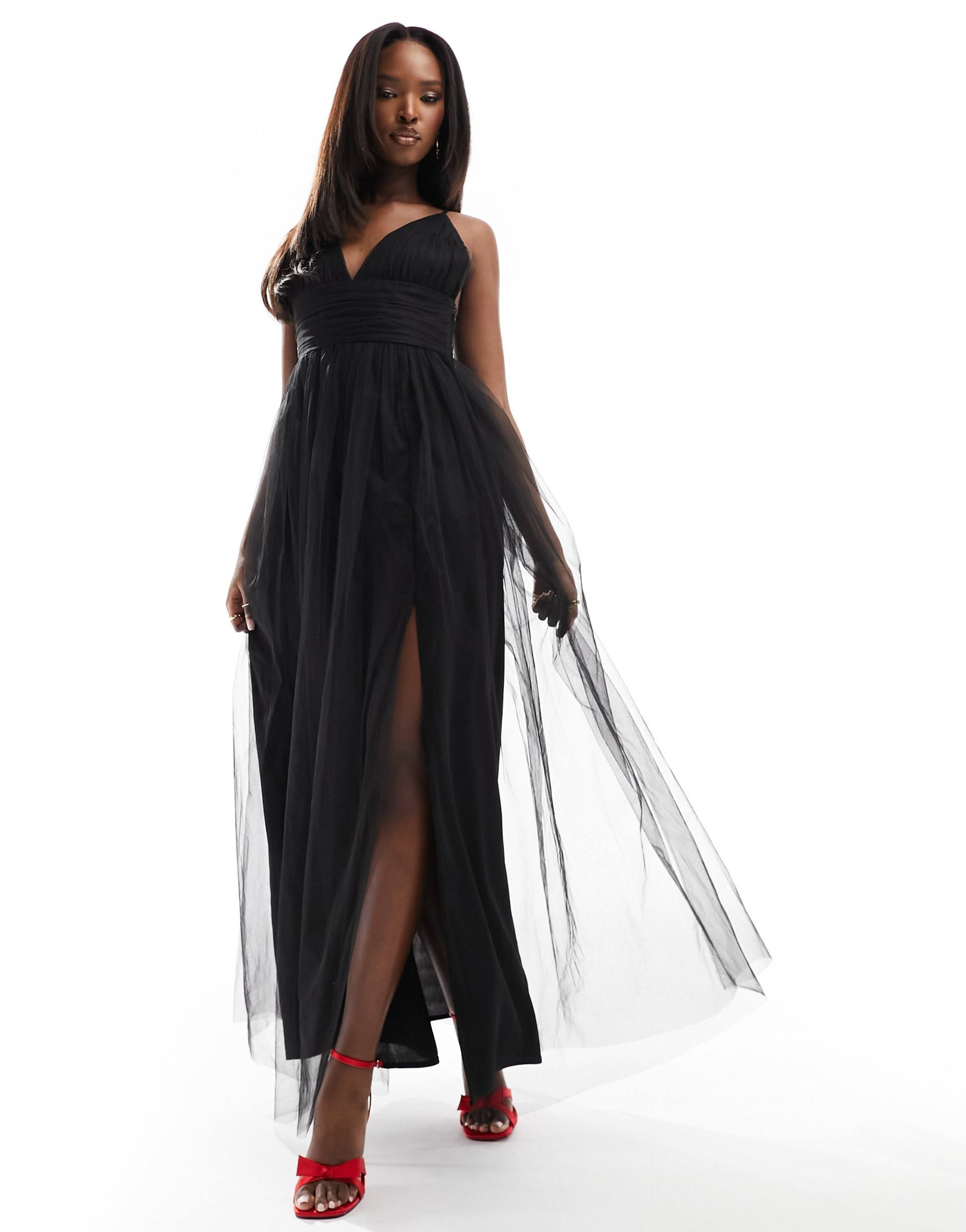 lace & beads cross back tulle maxi dress in black