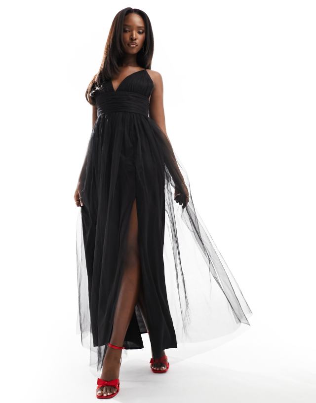 Lace & Beads - cross back tulle maxi dress in black