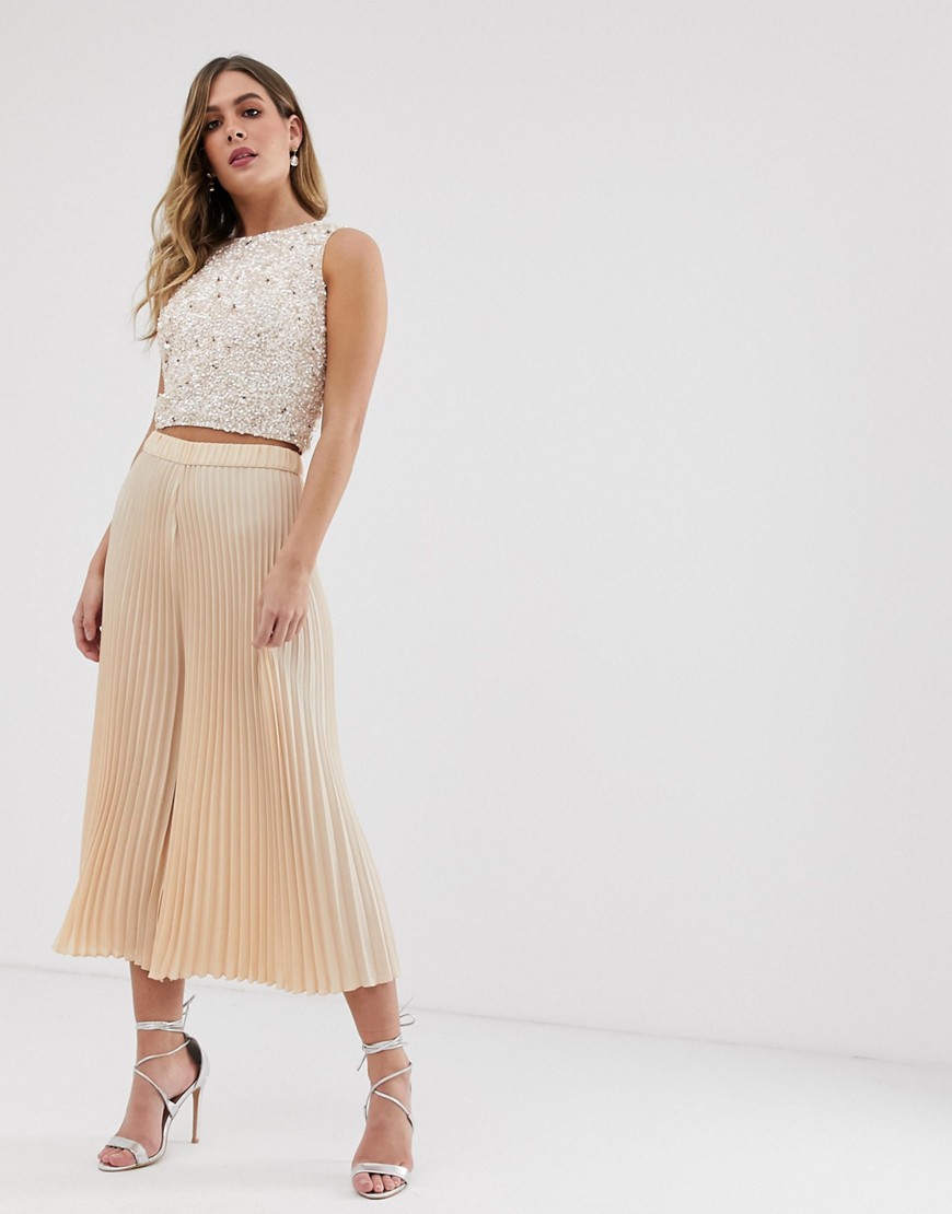 Lace & Beads culottes in beige-Pink