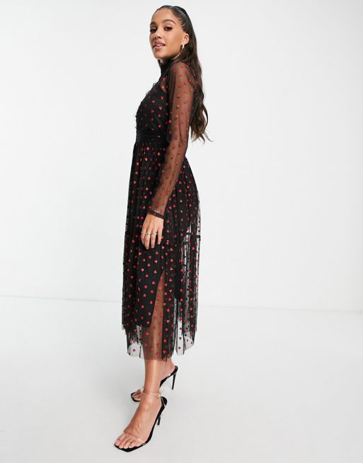 Lace & Beads – Czarna sukienka midi w serduszka z długimi rękawami i  koronkowymi wstawkami | ASOS