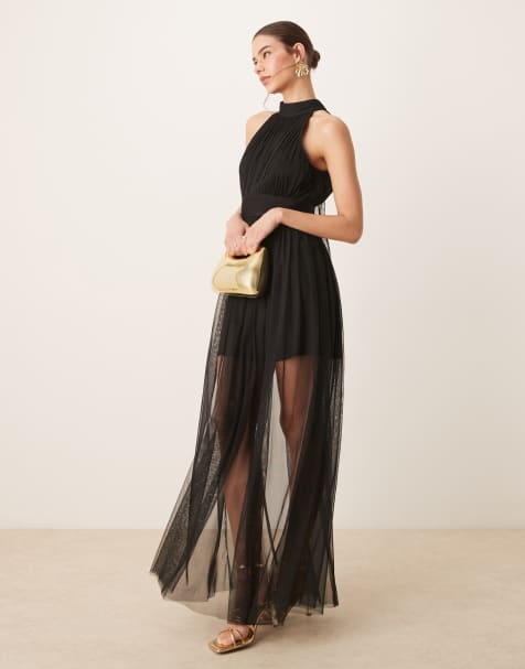 Lace & Beads – Czarna tiulowa sukienka maxi z dekoltem halter i prześwitującym dołem - view 1
