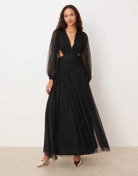 Lace & Beads plunge drop hem tulle maxi dress in black