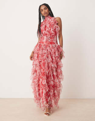 Lace & Beads – Czerwona sukienka tiulowa maxi z falbankami, odkrytymi plecami i kwiatowym wzorem - view 1