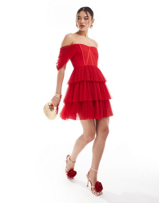 Lace & Beads – Czerwona tiulowa gorsetowa sukienka mini z odsłoniętymi ramionami